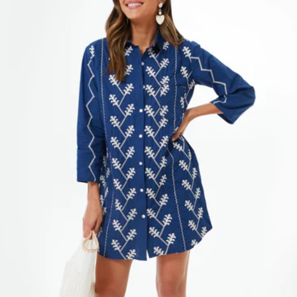 Julia Amory Swizzle Shirt Dress Small Blue White Embroidered Tunic